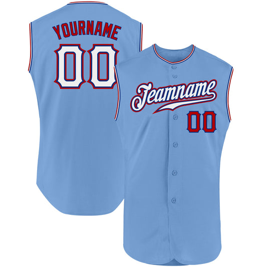 Custom Light Blue White-Red Authentic Sleeveless Baseball Jersey - Main View
