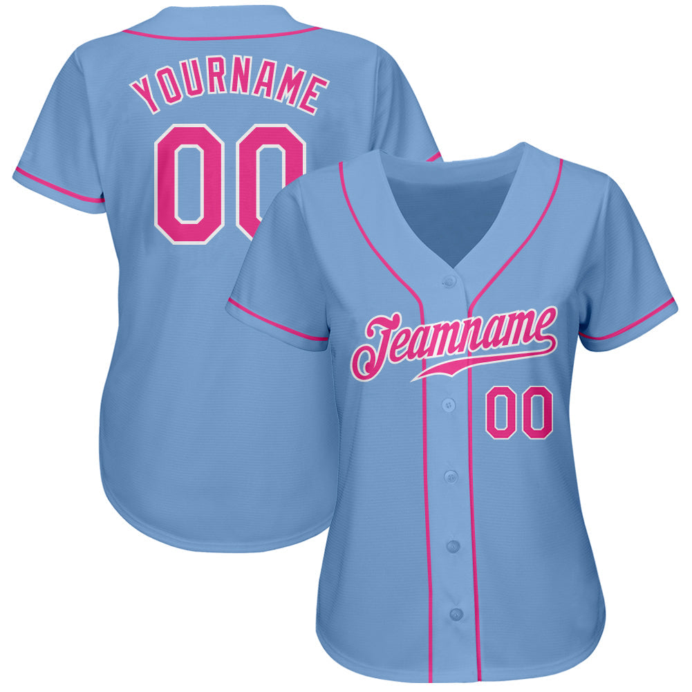 Custom Light Blue Pink-White Authentic Baseball Jersey view 2