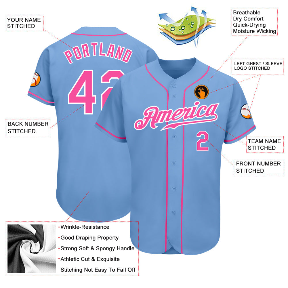 Custom Light Blue Pink-White Authentic Baseball Jersey view 3
