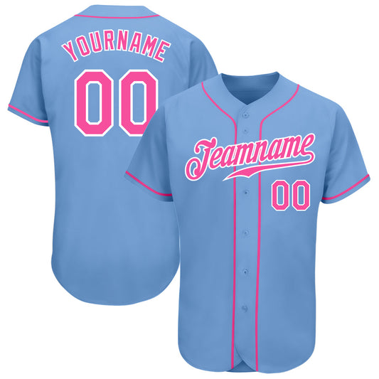 Custom Light Blue Pink-White Authentic Baseball Jersey - Main View
