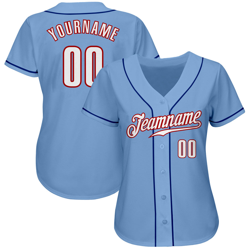 Custom Light Blue White-Red Authentic Baseball Jersey view 2