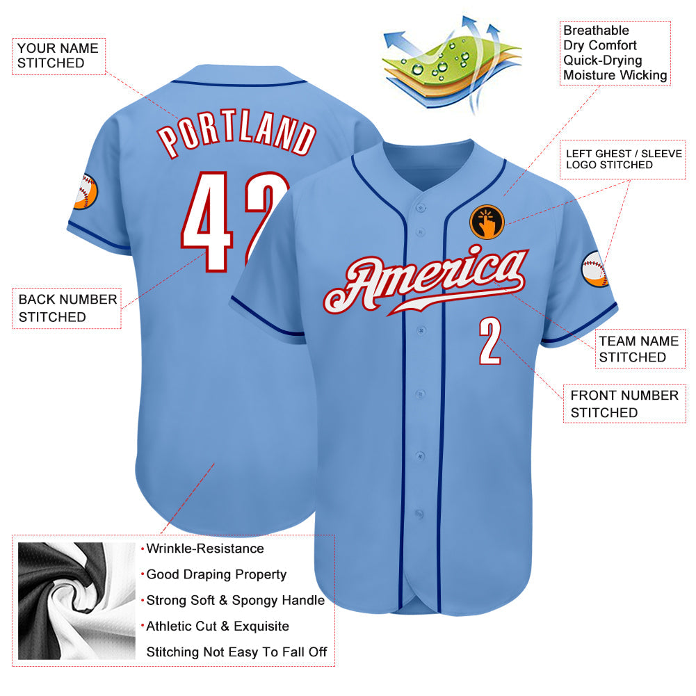 Custom Light Blue White-Red Authentic Baseball Jersey view 3