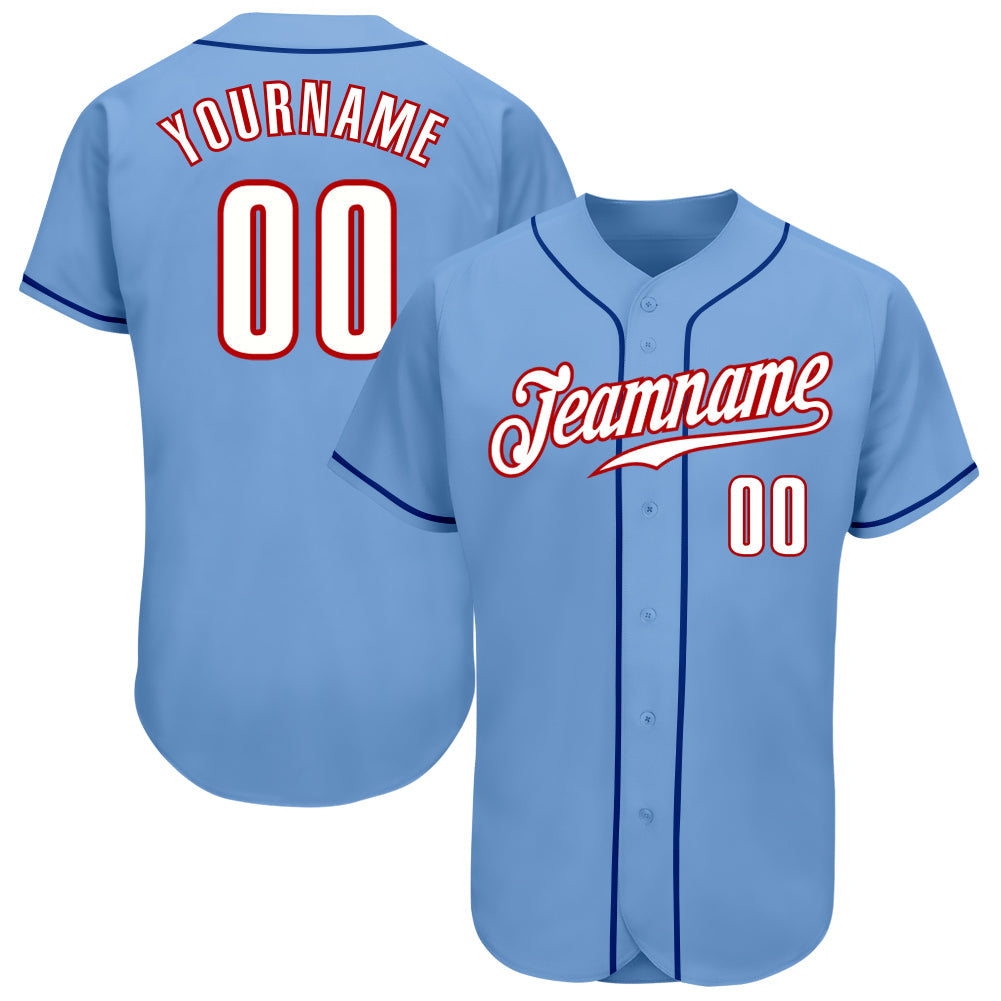 Custom Light Blue White-Red Authentic Baseball Jersey - Main View