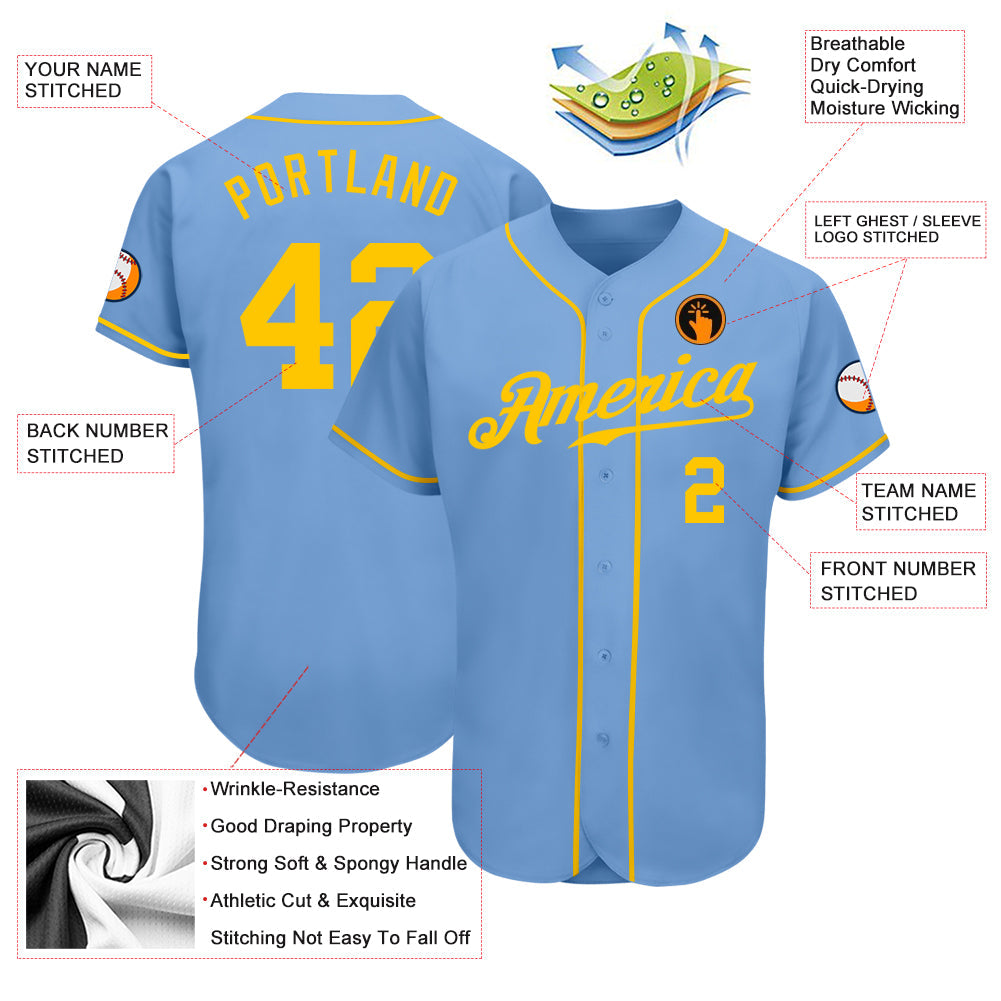 Custom Light Blue Gold Authentic Baseball Jersey view 3