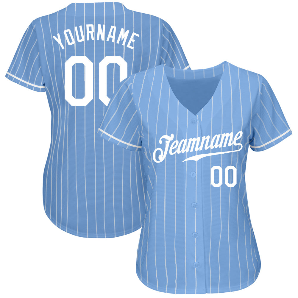 Custom Light Blue White Pinstripe White Authentic Baseball Jersey view 2