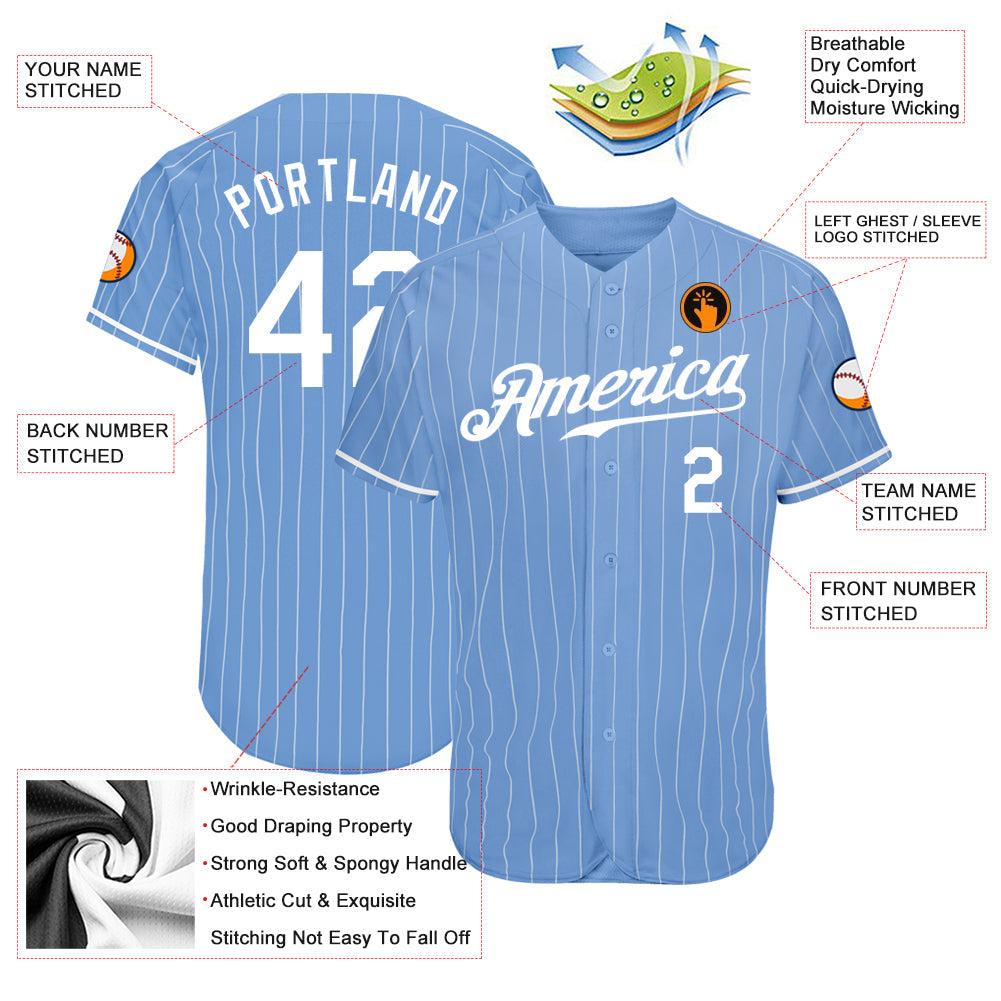 Custom Light Blue White Pinstripe White Authentic Baseball Jersey view 3