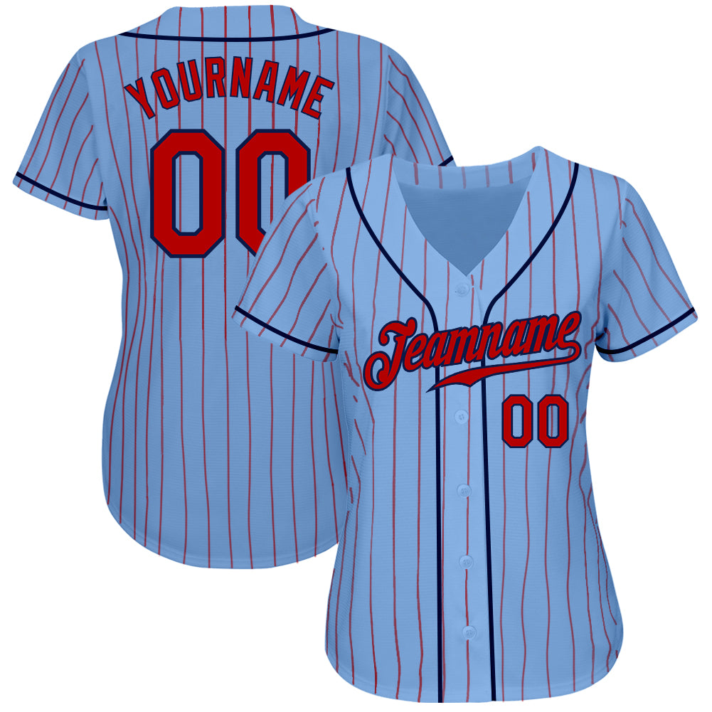 Custom Light Blue Red Pinstripe Red-Navy Authentic Baseball Jersey view 2