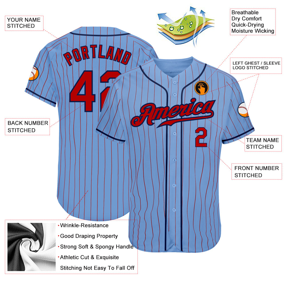 Custom Light Blue Red Pinstripe Red-Navy Authentic Baseball Jersey view 3