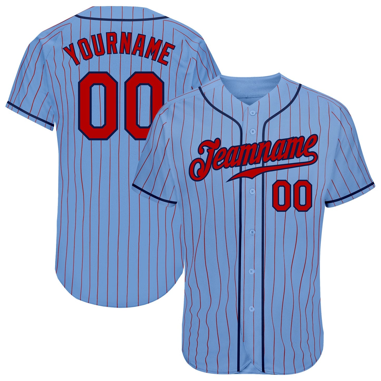 Custom Light Blue Red Pinstripe Red-Navy Authentic Baseball Jersey - Main View