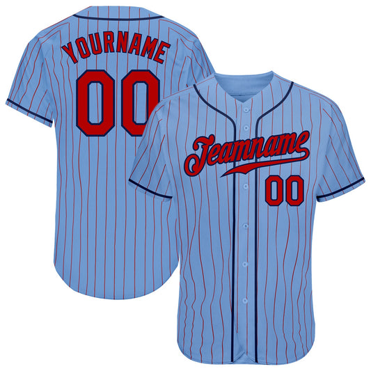Custom Light Blue Red Pinstripe Red-Navy Authentic Baseball Jersey - Main View
