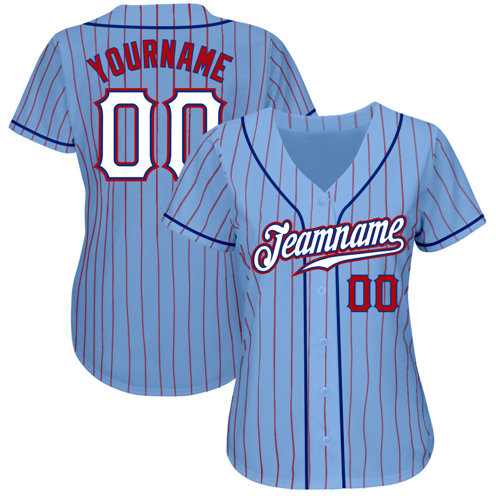 Custom Light Blue Red Pinstripe White-Royal Authentic Baseball Jersey view 2