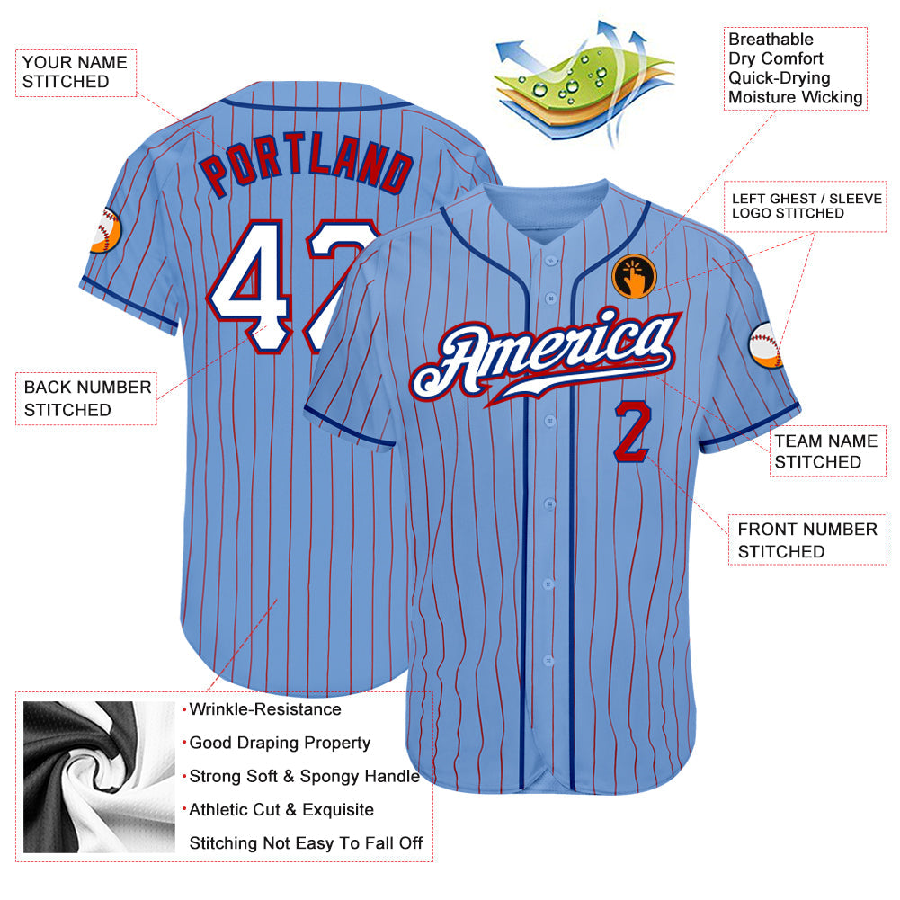 Custom Light Blue Red Pinstripe White-Royal Authentic Baseball Jersey view 3