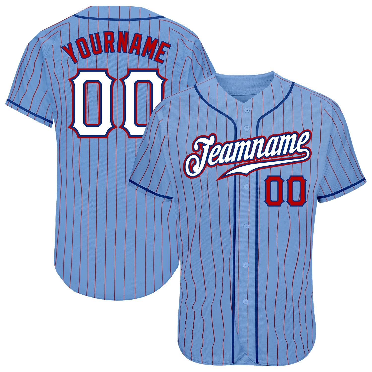 Custom Light Blue Red Pinstripe White-Royal Authentic Baseball Jersey - Main View