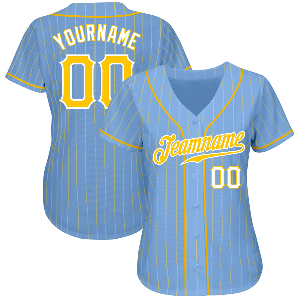 Custom Light Blue Gold Pinstripe Gold-White Authentic Baseball Jersey view 2