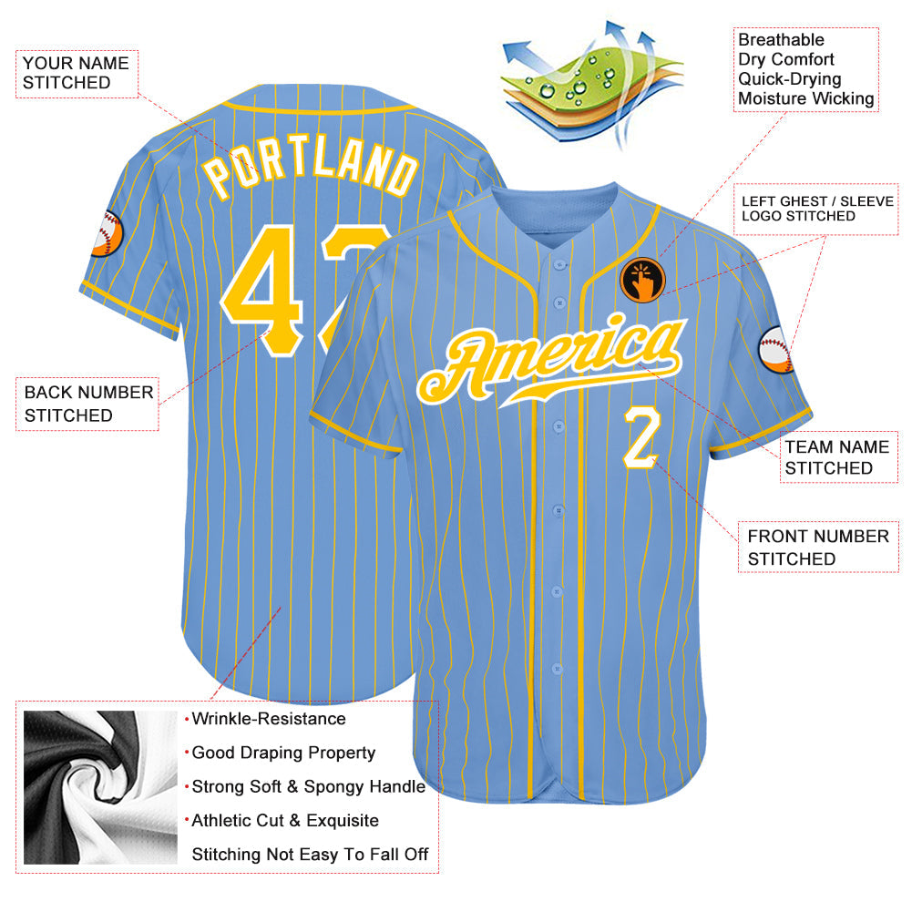 Custom Light Blue Gold Pinstripe Gold-White Authentic Baseball Jersey view 3