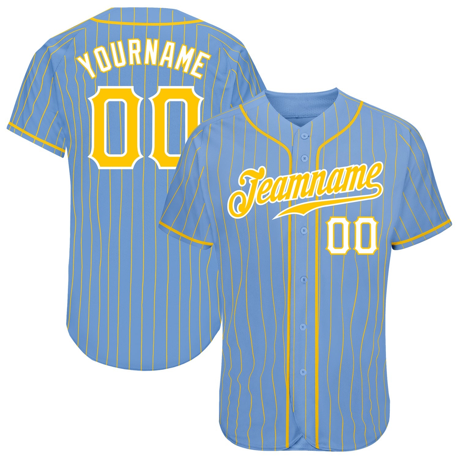 Custom Light Blue Gold Pinstripe Gold-White Authentic Baseball Jersey - Main View