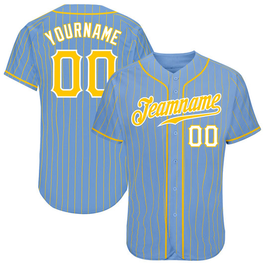 Custom Light Blue Gold Pinstripe Gold-White Authentic Baseball Jersey - Main View