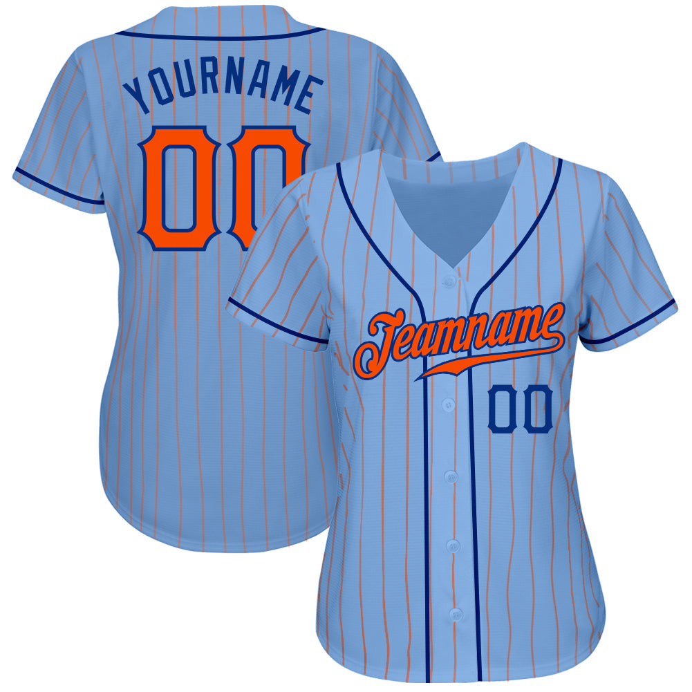 Custom Light Blue Orange Pinstripe Orange-Royal Authentic Baseball Jersey view 2