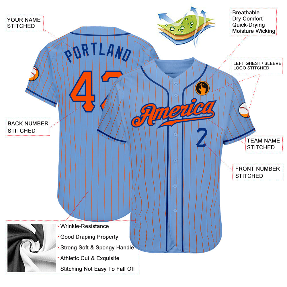 Custom Light Blue Orange Pinstripe Orange-Royal Authentic Baseball Jersey view 3