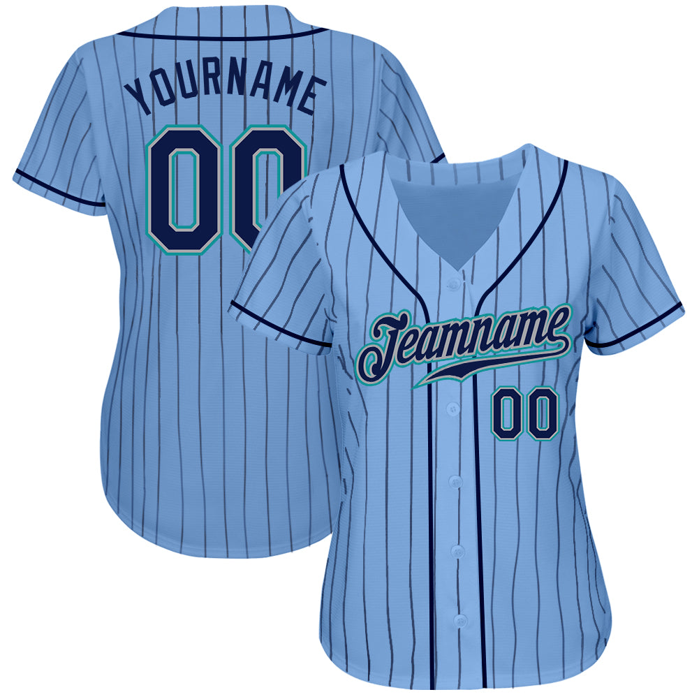 Custom Light Blue Navy Pinstripe Navy-Teal Authentic Baseball Jersey view 2