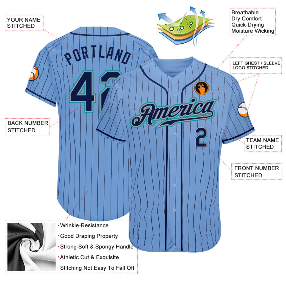 Custom Light Blue Navy Pinstripe Navy-Teal Authentic Baseball Jersey view 3