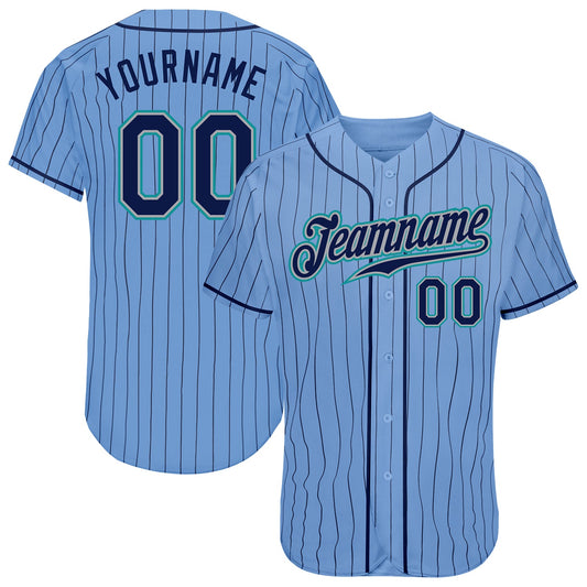 Custom Light Blue Navy Pinstripe Navy-Teal Authentic Baseball Jersey - Main View
