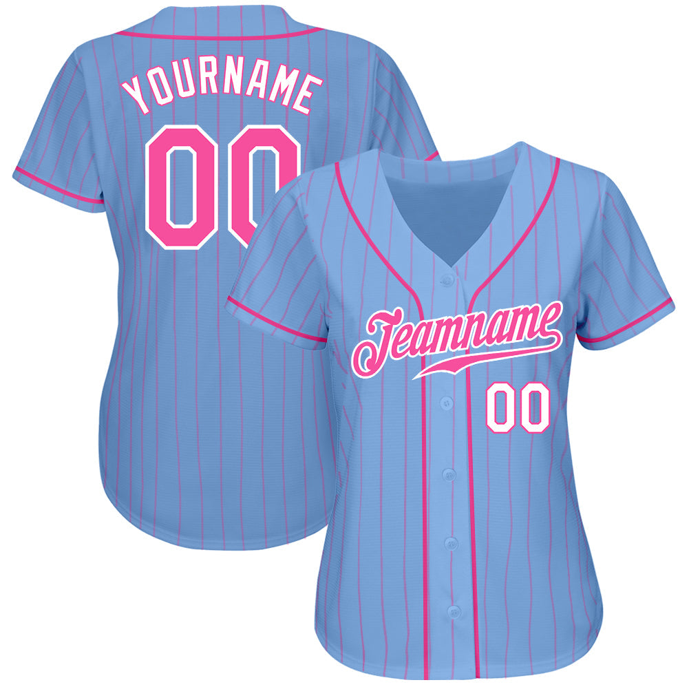 Custom Light Blue Pink Pinstripe Pink-White Authentic Baseball Jersey view 2