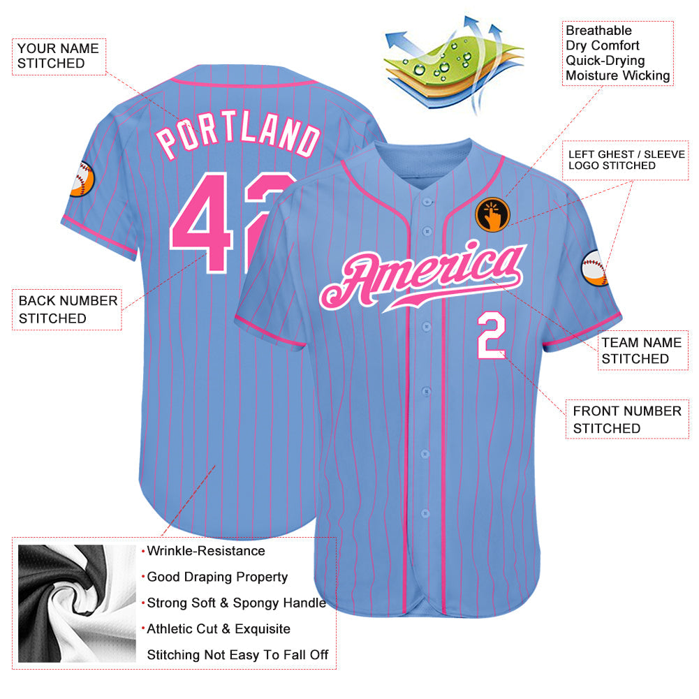 Custom Light Blue Pink Pinstripe Pink-White Authentic Baseball Jersey view 3
