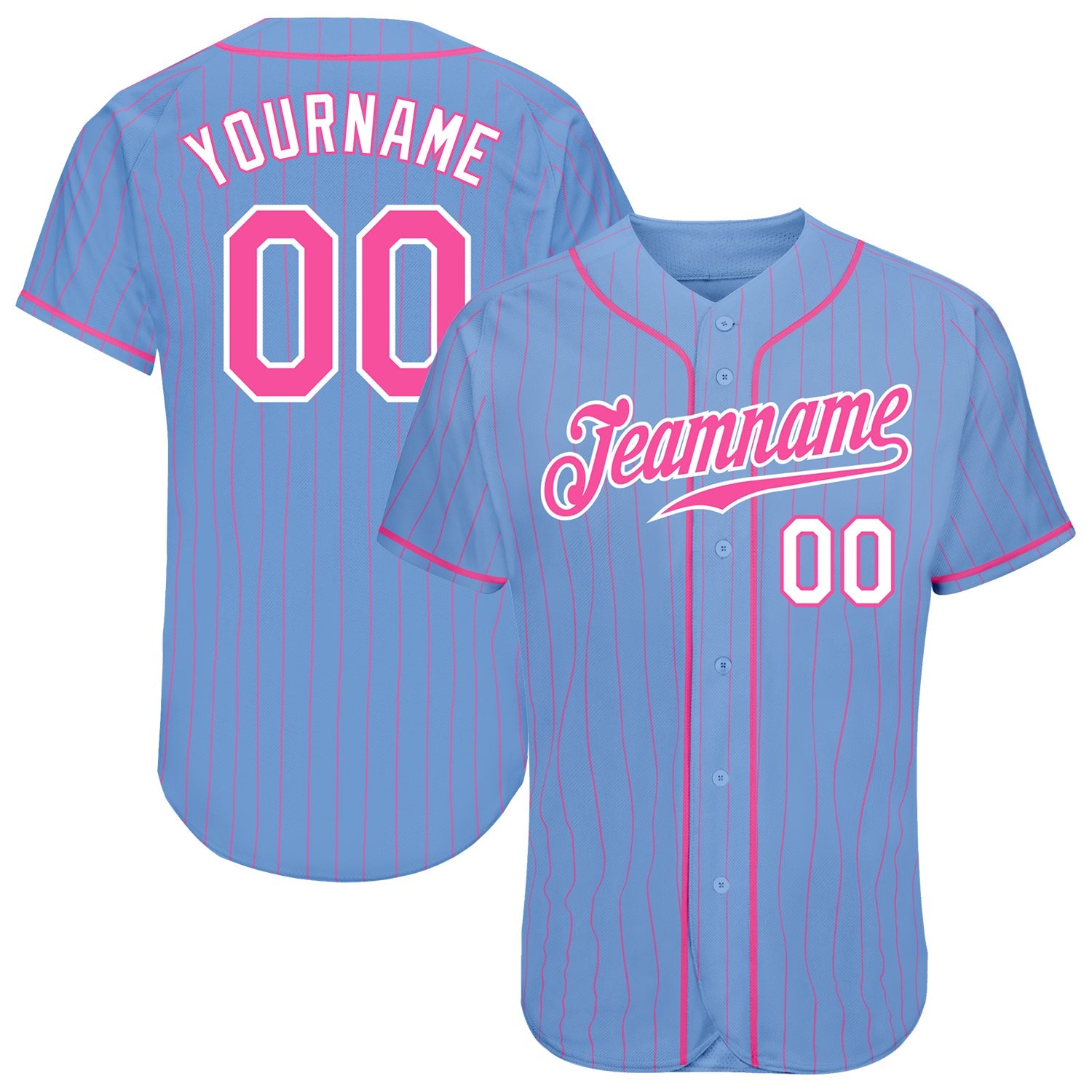Custom Light Blue Pink Pinstripe Pink-White Authentic Baseball Jersey - Main View