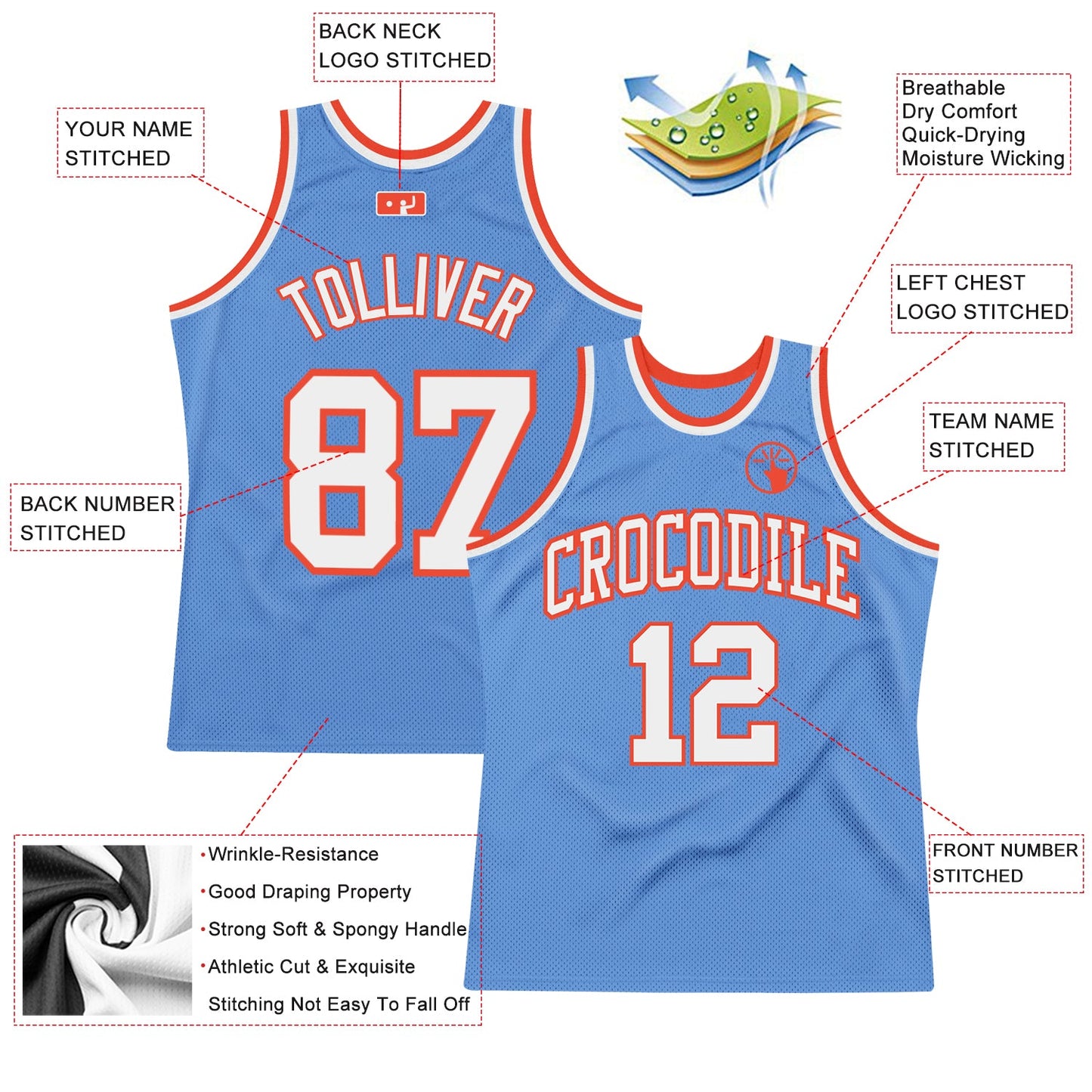 Custom Light Blue White-Orange Authentic Throwback Basketball Jersey view 2