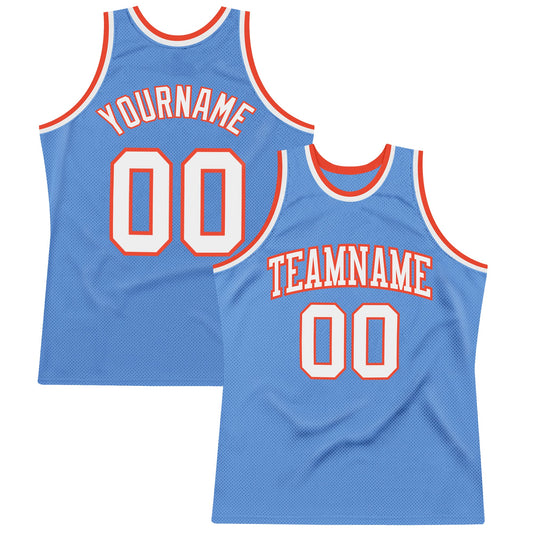 Custom Light Blue White-Orange Authentic Throwback Basketball Jersey - Main View