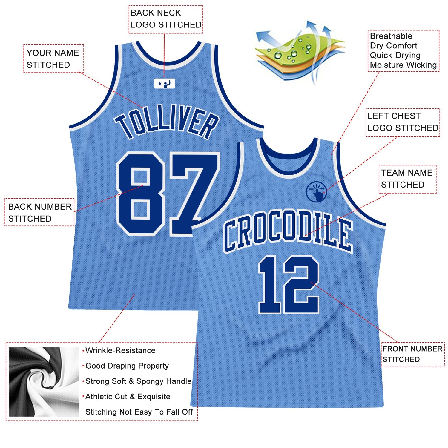 Custom Light Blue Royal-White Authentic Throwback Basketball Jersey view 2
