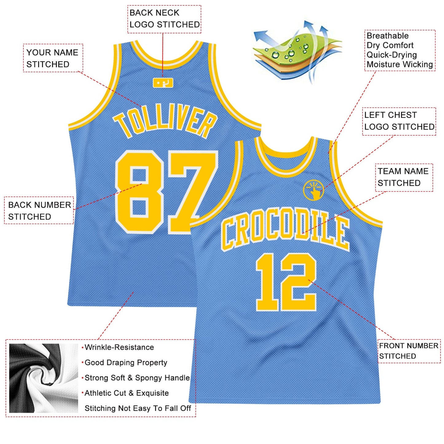 Custom Light Blue Gold-White Authentic Throwback Basketball Jersey view 2