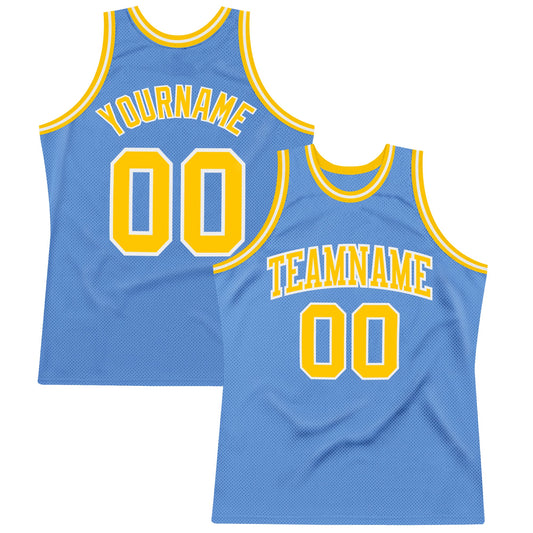 Custom Light Blue Gold-White Authentic Throwback Basketball Jersey - Main View