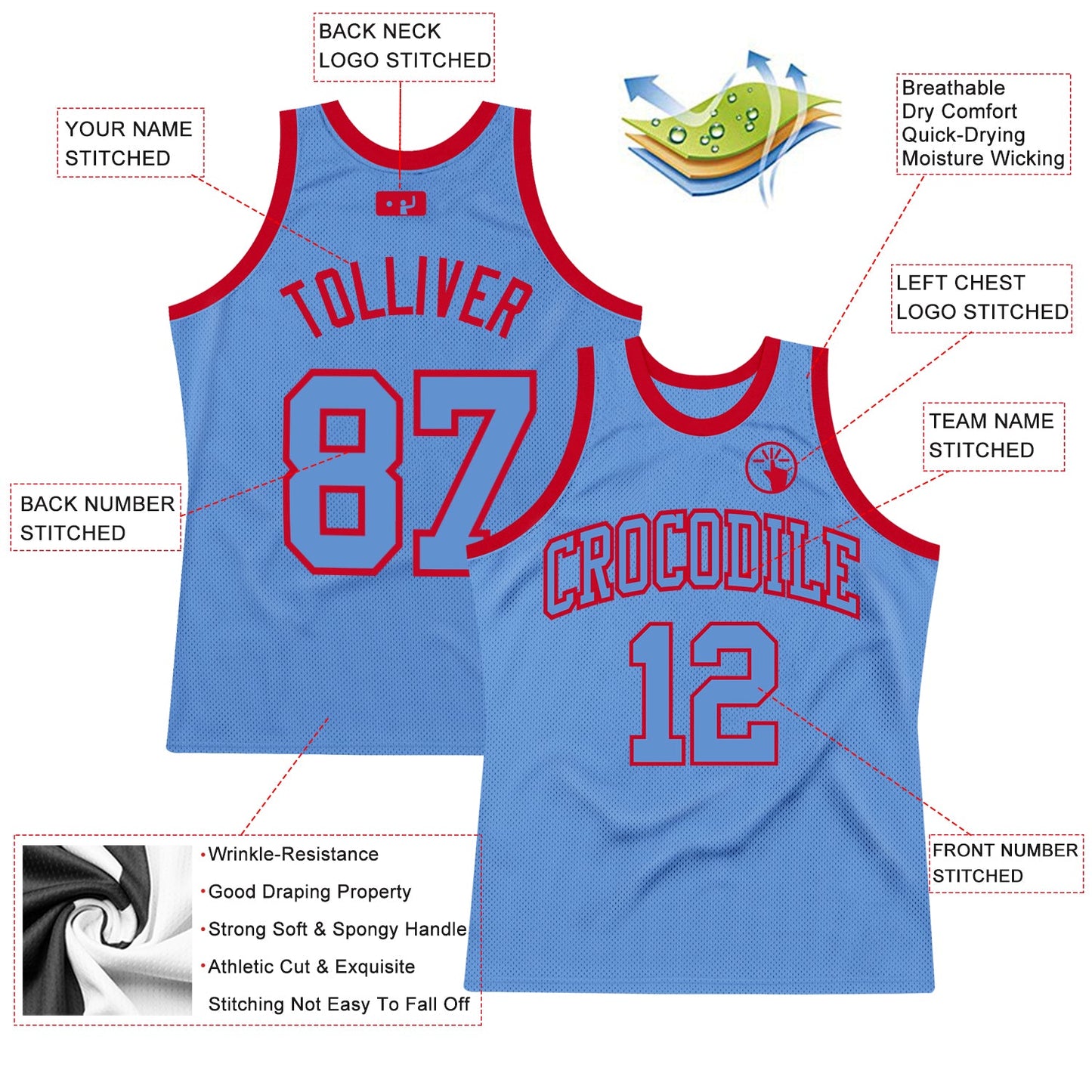 Custom Light Blue Light Blue-Red Authentic Throwback Basketball Jersey view 2