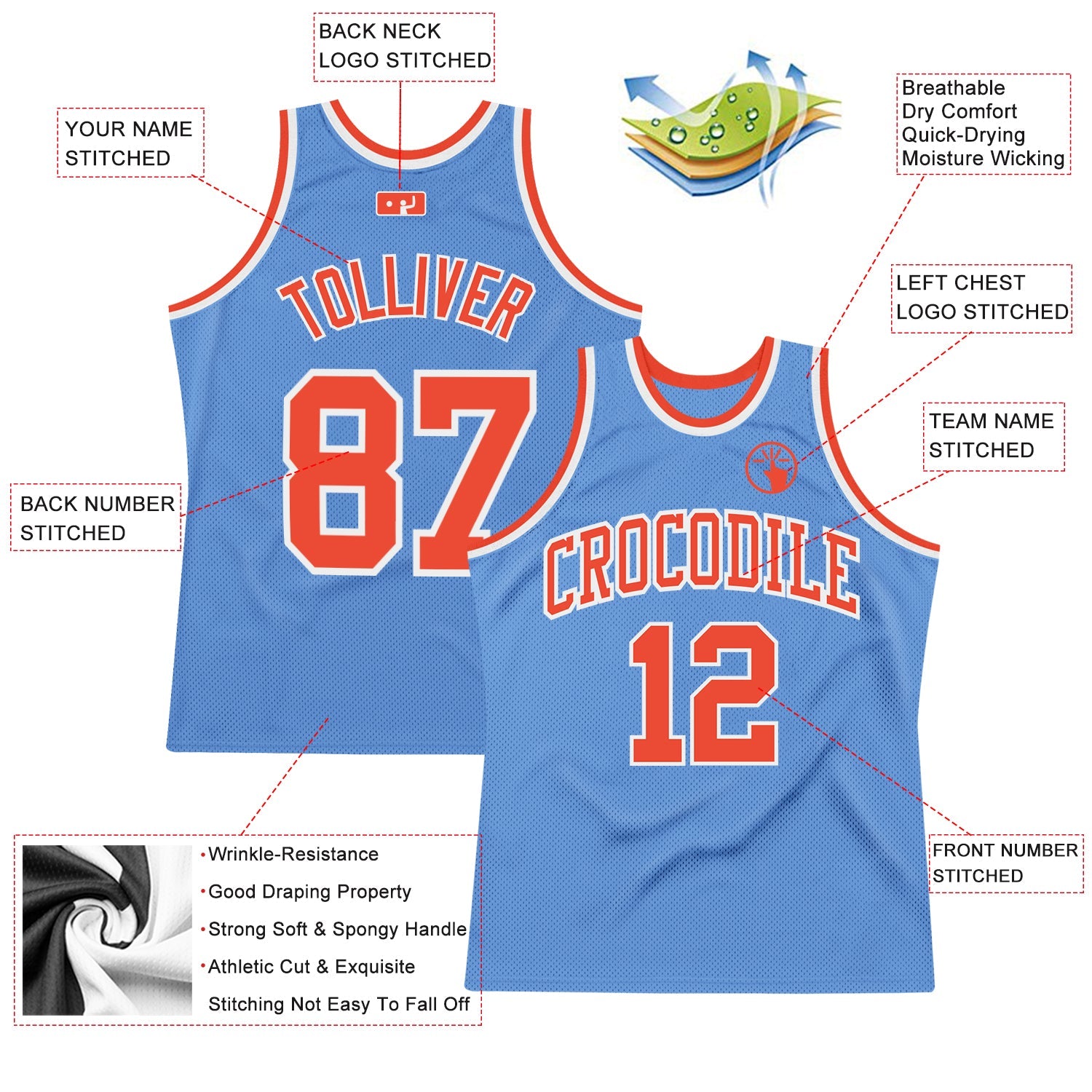 Custom Light Blue Orange-White Authentic Throwback Basketball Jersey view 2