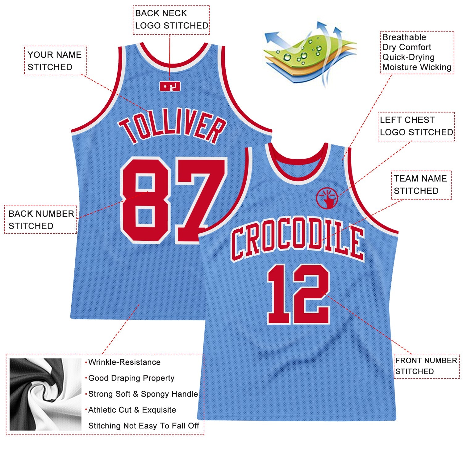 Custom Light Blue Red-White Authentic Throwback Basketball Jersey view 2