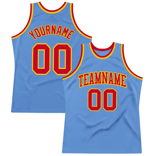 Custom Light Blue Red-Gold Authentic Throwback Basketball Jersey - Main View