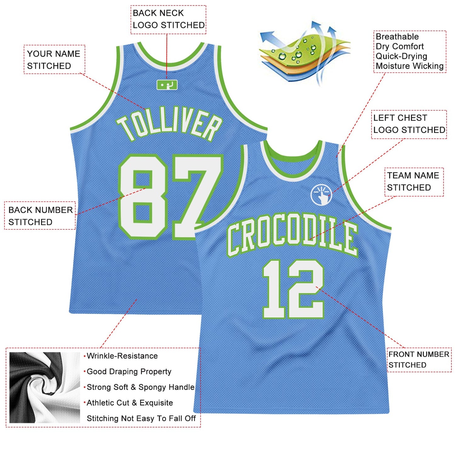 Custom Light Blue White-Neon Green Authentic Throwback Basketball Jersey view 2
