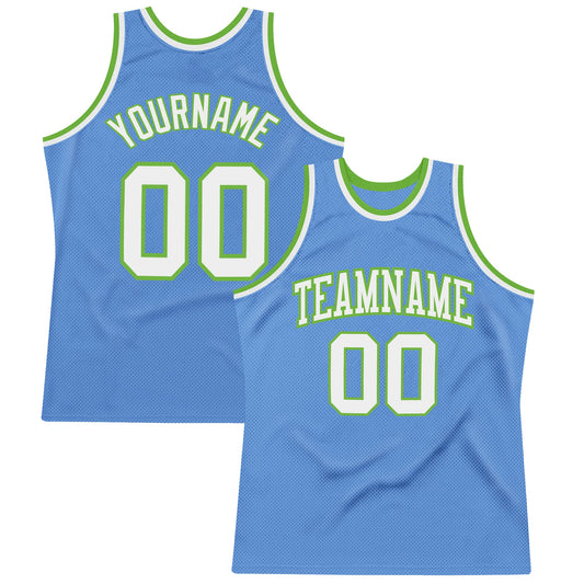 Custom Light Blue White-Neon Green Authentic Throwback Basketball Jersey - Main View