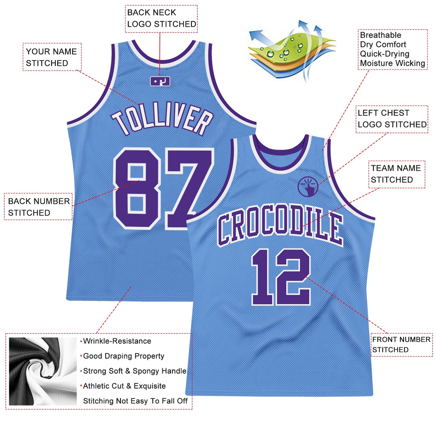 Custom Light Blue Purple-White Authentic Throwback Basketball Jersey view 2