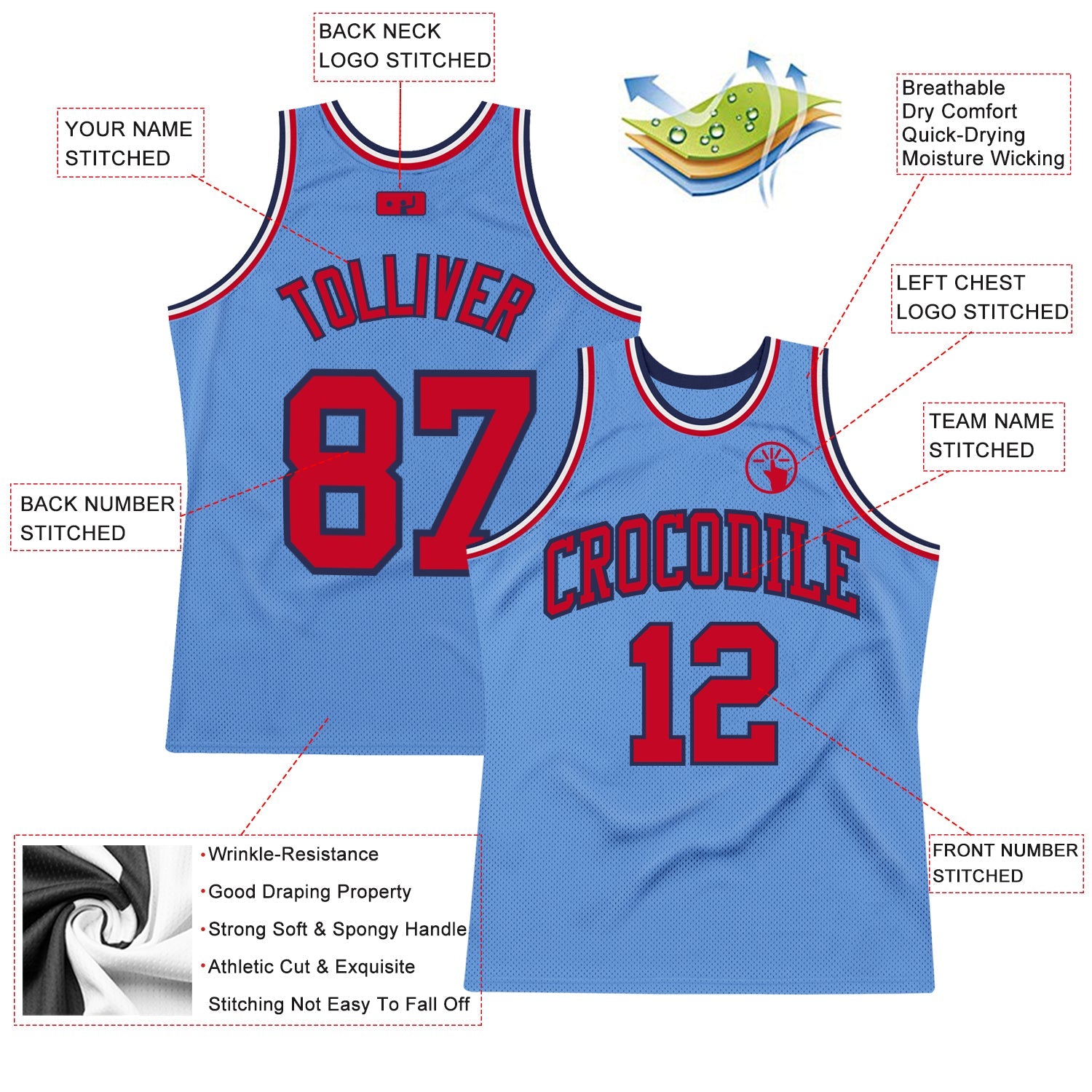 Custom Light Blue Red-Navy Authentic Throwback Basketball Jersey view 2