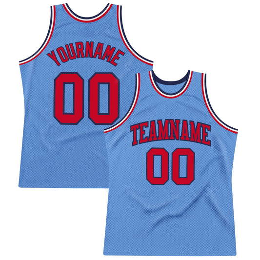 Custom Light Blue Red-Navy Authentic Throwback Basketball Jersey - Main View