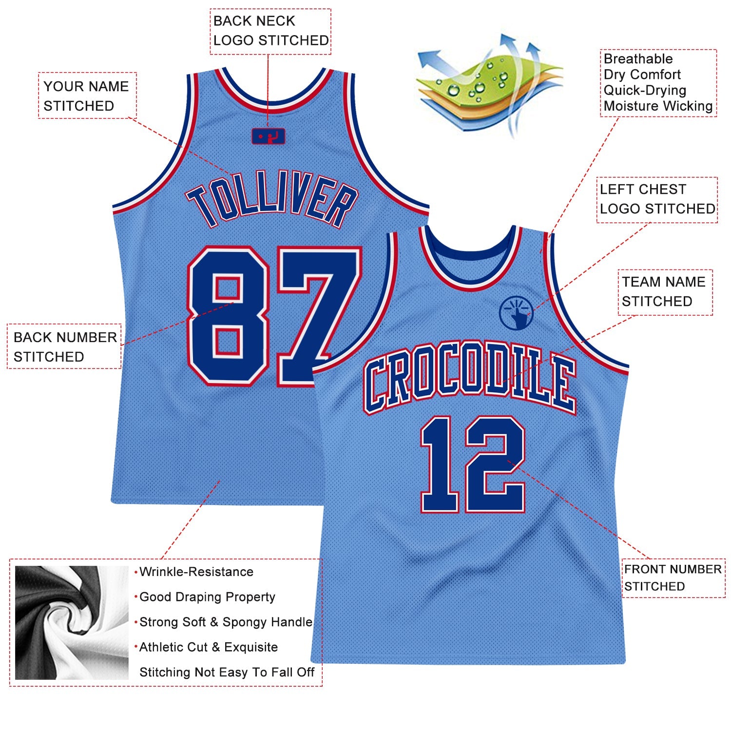 Custom Light Blue Royal-Red Authentic Throwback Basketball Jersey view 2