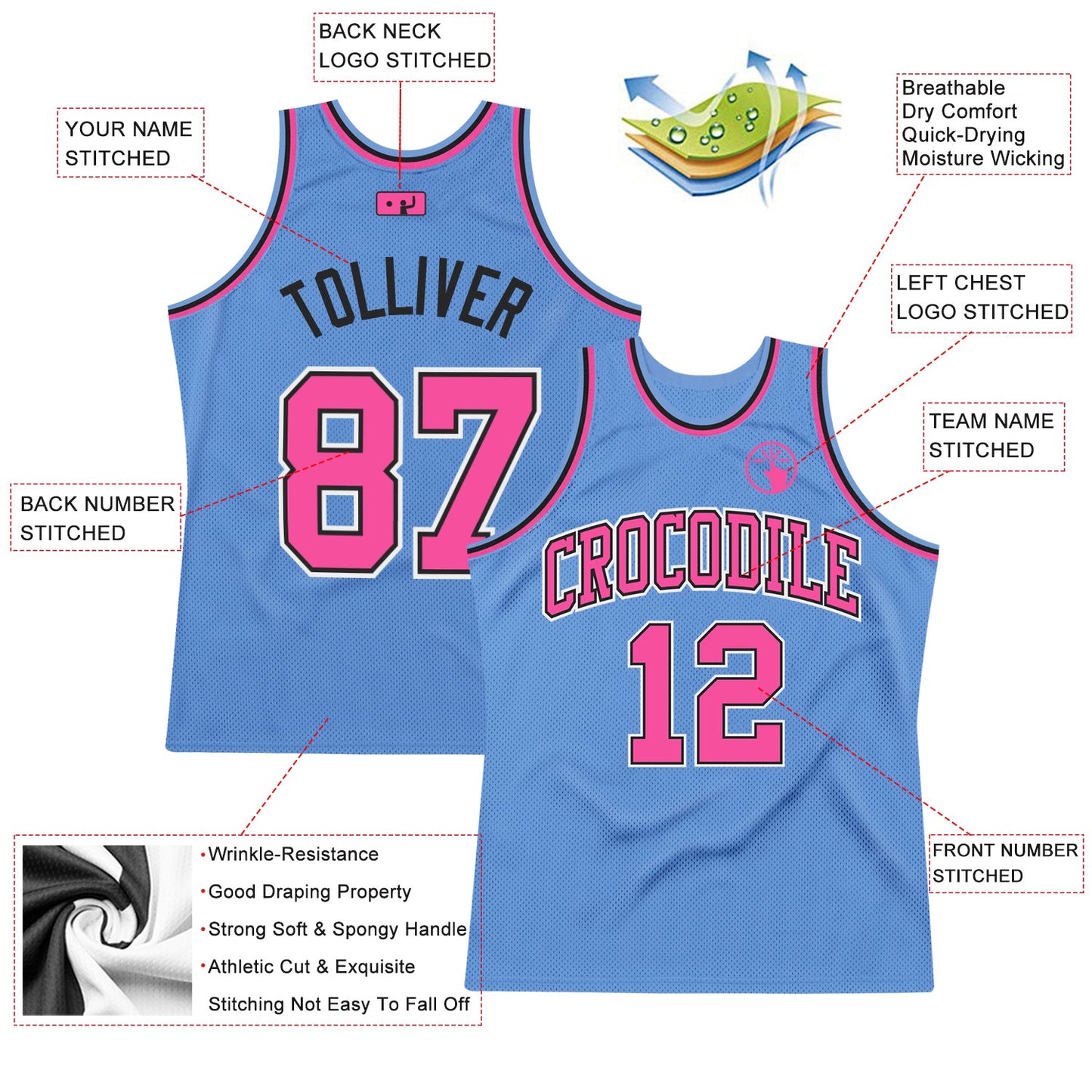 Custom Light Blue Pink-Black Authentic Throwback Basketball Jersey view 2