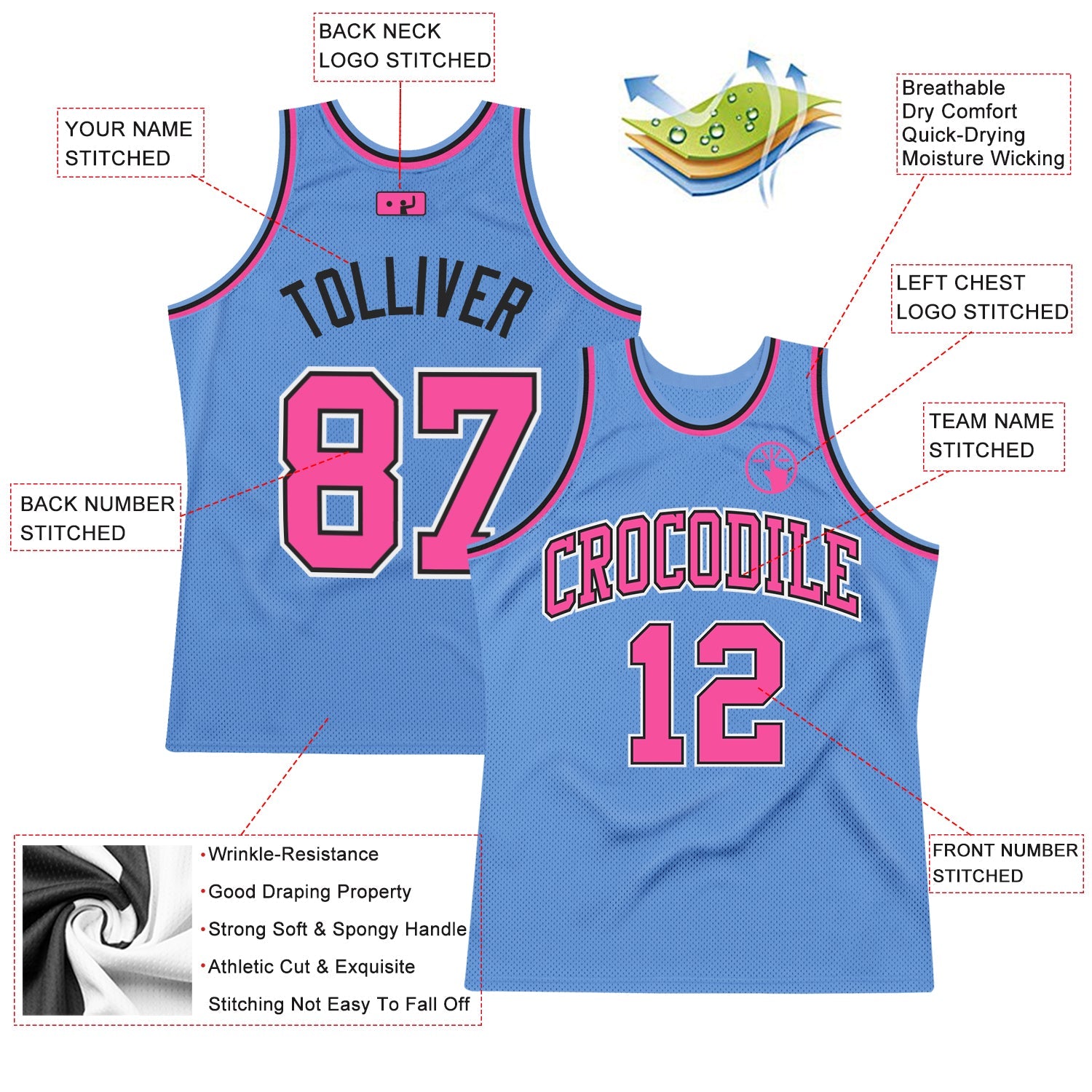 Custom Light Blue Pink-Black Authentic Throwback Basketball Jersey view 2