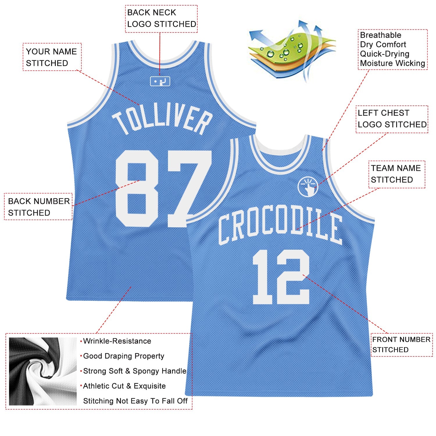 Custom Light Blue White Authentic Throwback Basketball Jersey view 2