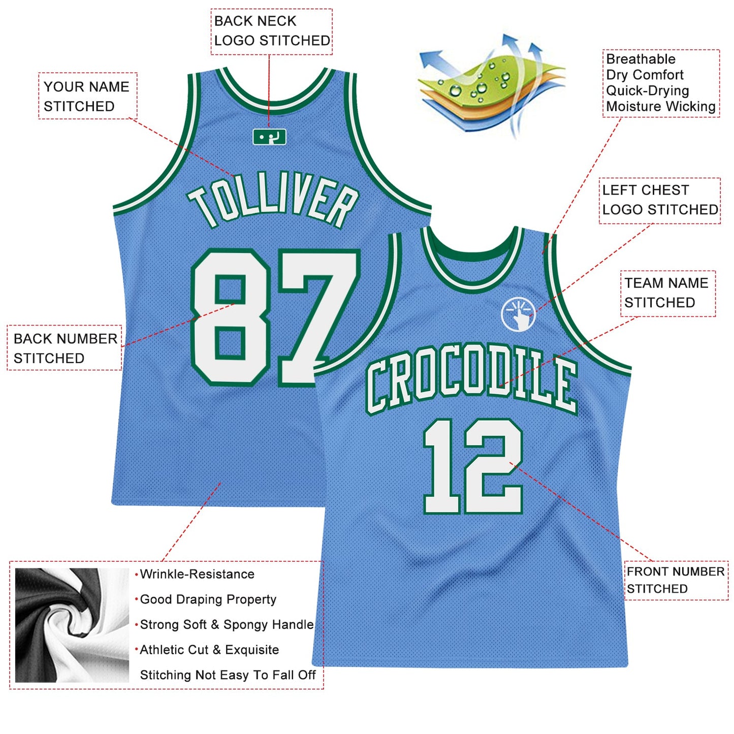 Custom Light Blue White-Kelly Green Authentic Throwback Basketball Jersey view 2