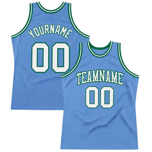 Custom Light Blue White-Kelly Green Authentic Throwback Basketball Jersey - Main View