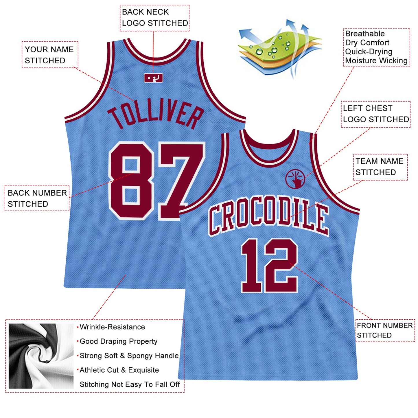 Custom Light Blue Maroon-White Authentic Throwback Basketball Jersey view 2